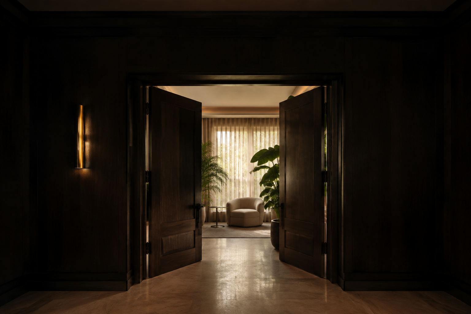Open doors leading to a private salon